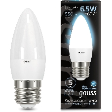 Лампа светодиодная Gauss 6.5Вт цок.: E27 свеча 220B 4100K св. свеч. бел. ней. (упак.: 10 шт)