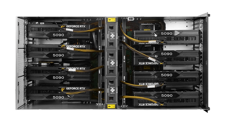 Серверная платформа Gooxi SY8108G-D12R-G4 8U-8GPU platform based on Gen4/5th with direct backplane; standard : 2* NVMe+ 8* SATA; TDP=350W; 32* DDR5 slots; support 13* PCle.slots:8* PCle5.0x16 GPU slots +1* PCle5.0x16 slts +1* PCle5.0x8 slots +1* PCle4.0x8; 6*2700W PSU 8*GPU cables for 5090 fan version rail kits Eu cables