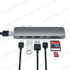 USB-концентратор Satechi Aluminum Pro Hub для Macbook Pro (USB-C). Порты: HDMI, Thunderbolt 3, USB Type-C, SD, microSD, 2 x USB 3.0. серый космос.