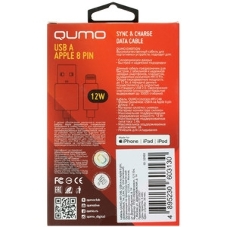 Кабель Qumo, MFI С91, USB-Apple 8 pin, 1м, 5-9В, до 2А, 18Вт, опл.нейлоновая леска, кон. металл серебро, белая оплетка