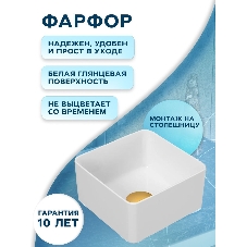 Раковина накладная на столешницу BAU Mini квадратная 24х24 белая, выпуск клик клак, золото
