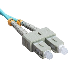 Патч-корд оптический Cabeus Tight Buffer, Duplex LC/SC, OM3 50/125, LSZH, 5м, d= 3мм, серый хвостовик, бирюзовый