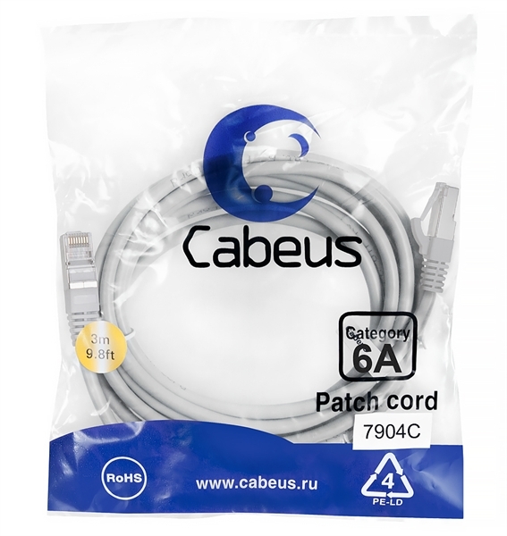 Шнур коммутационный Cabeus, кат. 6A, экр., S/FTP, RJ45/RJ45, LSZH, AWG26, 3м, серый
