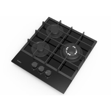 Газовая варочная панель Evelux HEG 425 BG Hi-Tech, 45 см, 3 конфорки, WOK-конфорка, чугунные решетки, газ-контроль, электроподжиг, механическое управление, черный