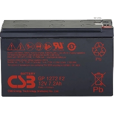 Батарея для ИБП CSB серия GP, GP1272, напряжение 12В, емкость 7.2А·ч (разряд 20 часов), макс. ток разряда (5 сек.) 100А, ток короткого замыкания 304А, макс. ток заряда 2.8A, свинцово-кислотная типа AGM, клеммы F1, ДxШxВ 150.9x64.8x98.6мм., вес 2.4кг., срок службы 5
