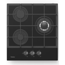 Газовая варочная панель Evelux HEG 425 BG Hi-Tech, 45 см, 3 конфорки, WOK-конфорка, чугунные решетки, газ-контроль, электроподжиг, механическое управление, черный