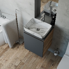 Тумба Bau Dream Blackwood 50 графит, раковина BAU Hotel 51х39, мрамор, смеситель для раковины высокий Hotel Still, нержавеющая сталь, выпуск клик клак, хром
