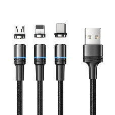 Кабель USB Rexant 3в1 со съемными магнитными портами, Type-С (2A), Lightning (2,4A), Micro USB (2A), 1,2м, в черной оплетке, с LED подсветкой
