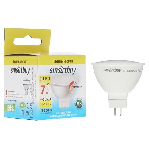 Лампа светодиодная диммер Smartbuy-Gu5D_3-07W/3000
