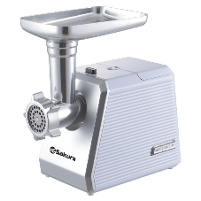 Мясорубка электрическая Sakura SA-6424W белый, 2000 Вт, 3.0 кг/мин, реверс, защита от перегрузки, металлический лоток, насадки - 4