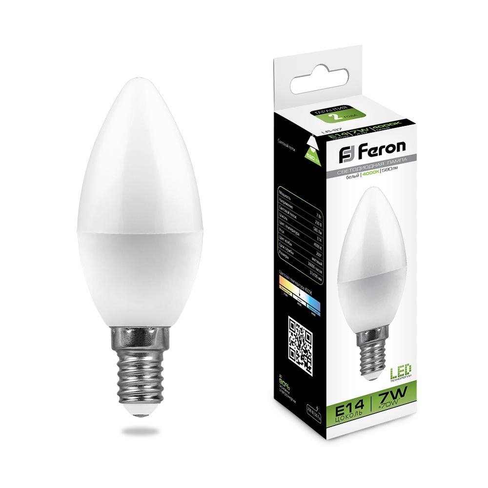 Лампа светодиодная Feron LB-97 7W 230V E14 4000K свеча