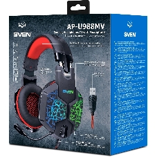 Гарнитура проводная игровая с микрофоном SVEN AP-U988MV, черный-красный (USB, LED, 7.1)