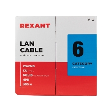 Кабель витая пара Rexant U/UTP, категория 6, ZH нг(А)-HF, 4PR, 23AWG, внутренний, серый, 305 м