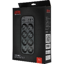Сетевой фильтр Powercom SP-08 USB03AB 3,0 m 3.0м, 8 розеток, черный, коробка